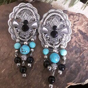 Southwestern Dangle Earrings Stamped Silver, Turquoise and Onyx Beads POSTS